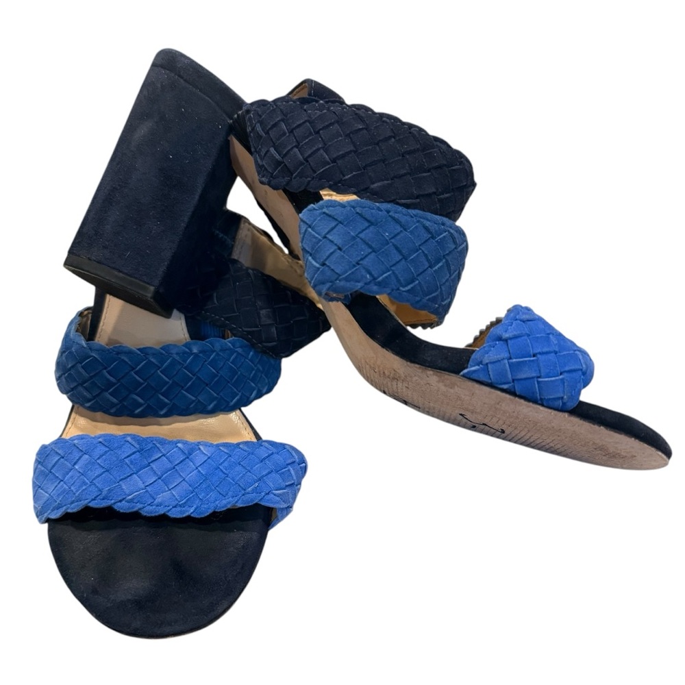 ANTONIO MELANI BLACK AND BLUES BLOCK HEEL SANDALS. SIZE 8.5M.
